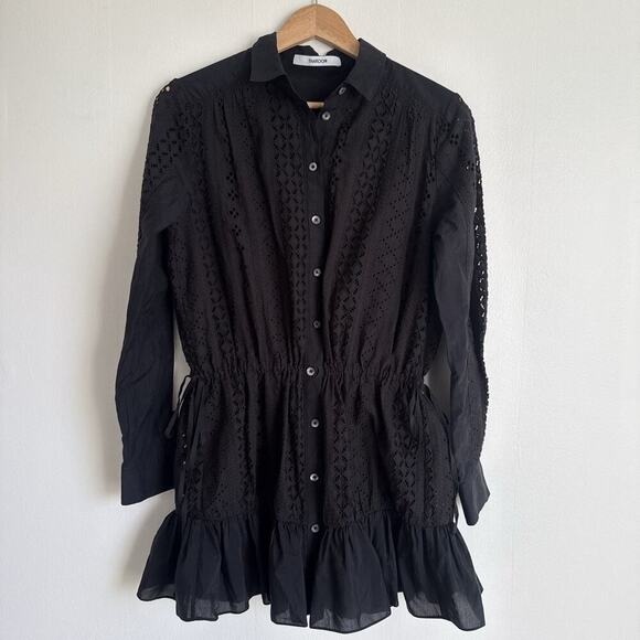 THAKOON Black Eyelet Lace Ruffle Hem Button Down Silk Cotton Mini Shirt Dress 0 - Picture 2 of 15